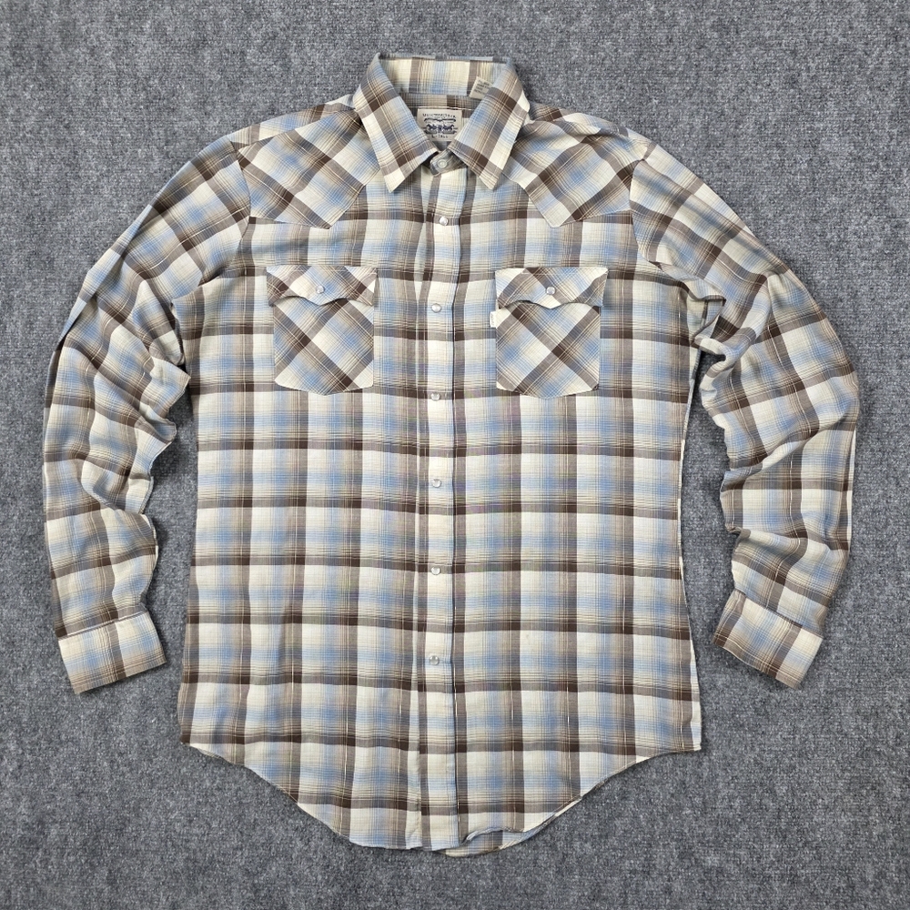 ​LEVI STRAUSS WESTERN SHIRT LARGE TALL POLY COTTON BLUE BROWN PEARL SNAP